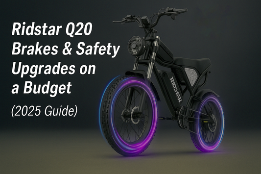 Ridstar Q20 electric bike with glowing tires, shown in a safety and brakes upgrade guide for 2025