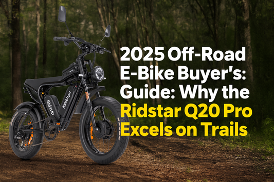 Ridstar Q20 Pro electric mountain bike displayed on a rugged mountain trail at sunset, emphasizing its off-road power, endurance, and adventure-ready design.
