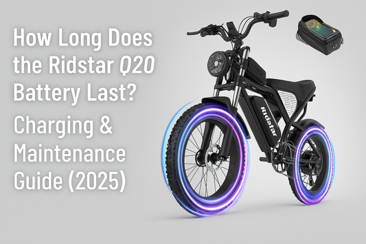 Ridstar Q20 fat tire electric bike with 48V 20Ah battery, featured in blog cover for battery life and charging guide 2025, black frame with tech-style design.